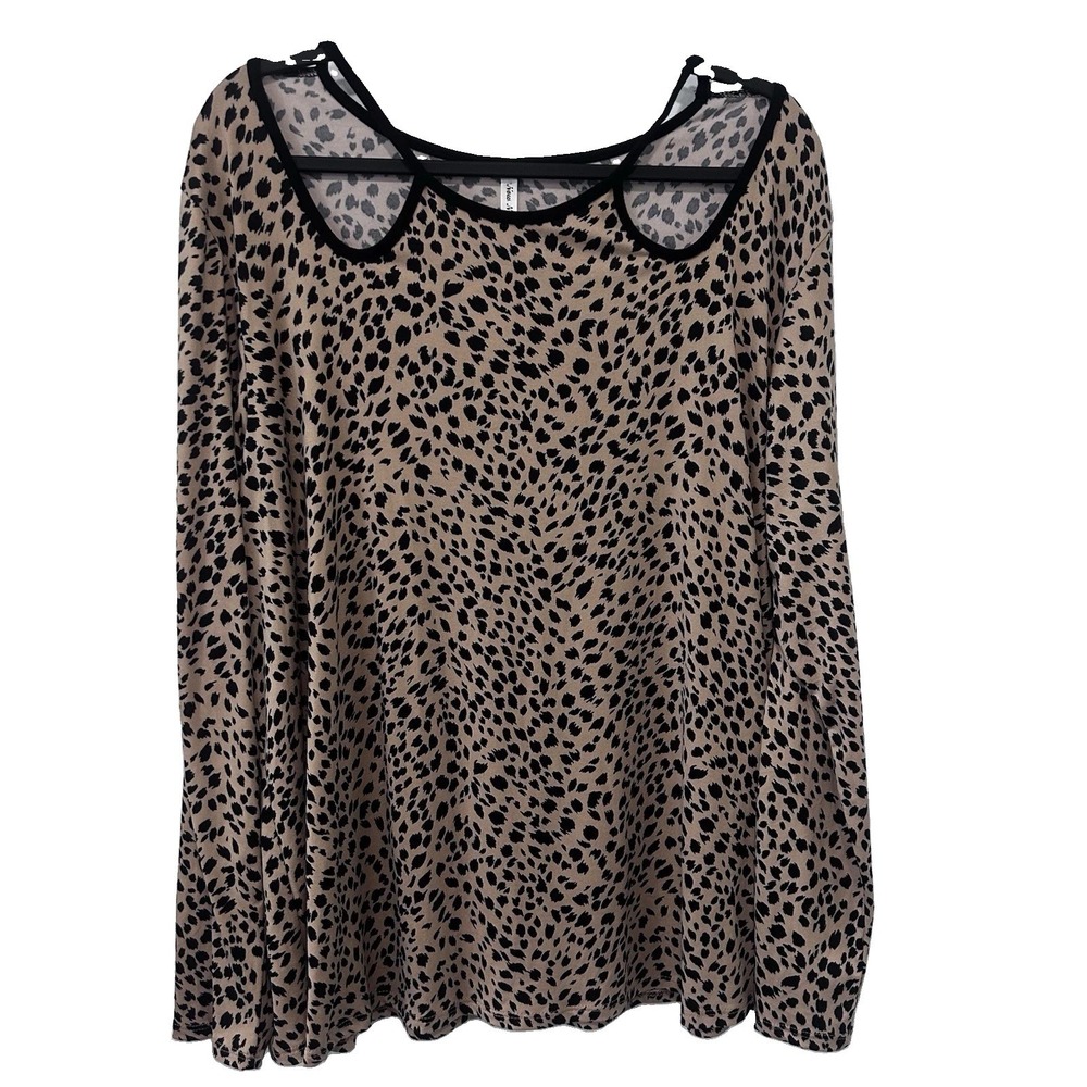 NWT Women Black Tan Leopard Print Stretchy Top Black Cutouts Neckline XXL
